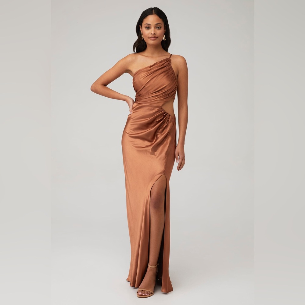 Shona Joy La Lune Asymetrical Gathered Maxi Dress in Almond size 2